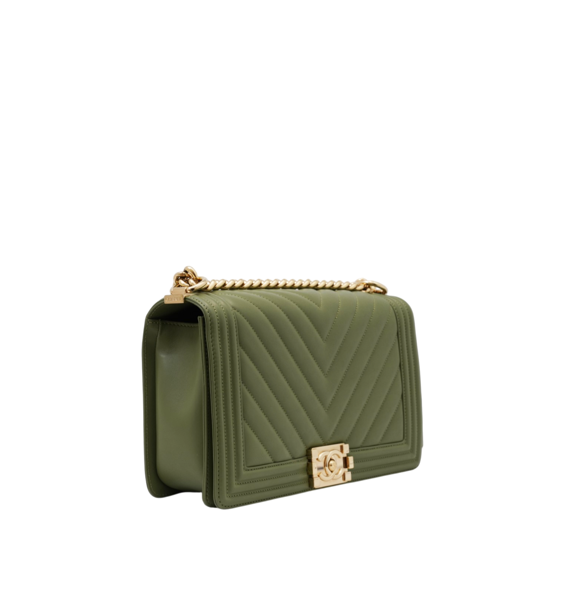 Chanel Caviar Chevron Quilted Medium Boy Flap Green GHW