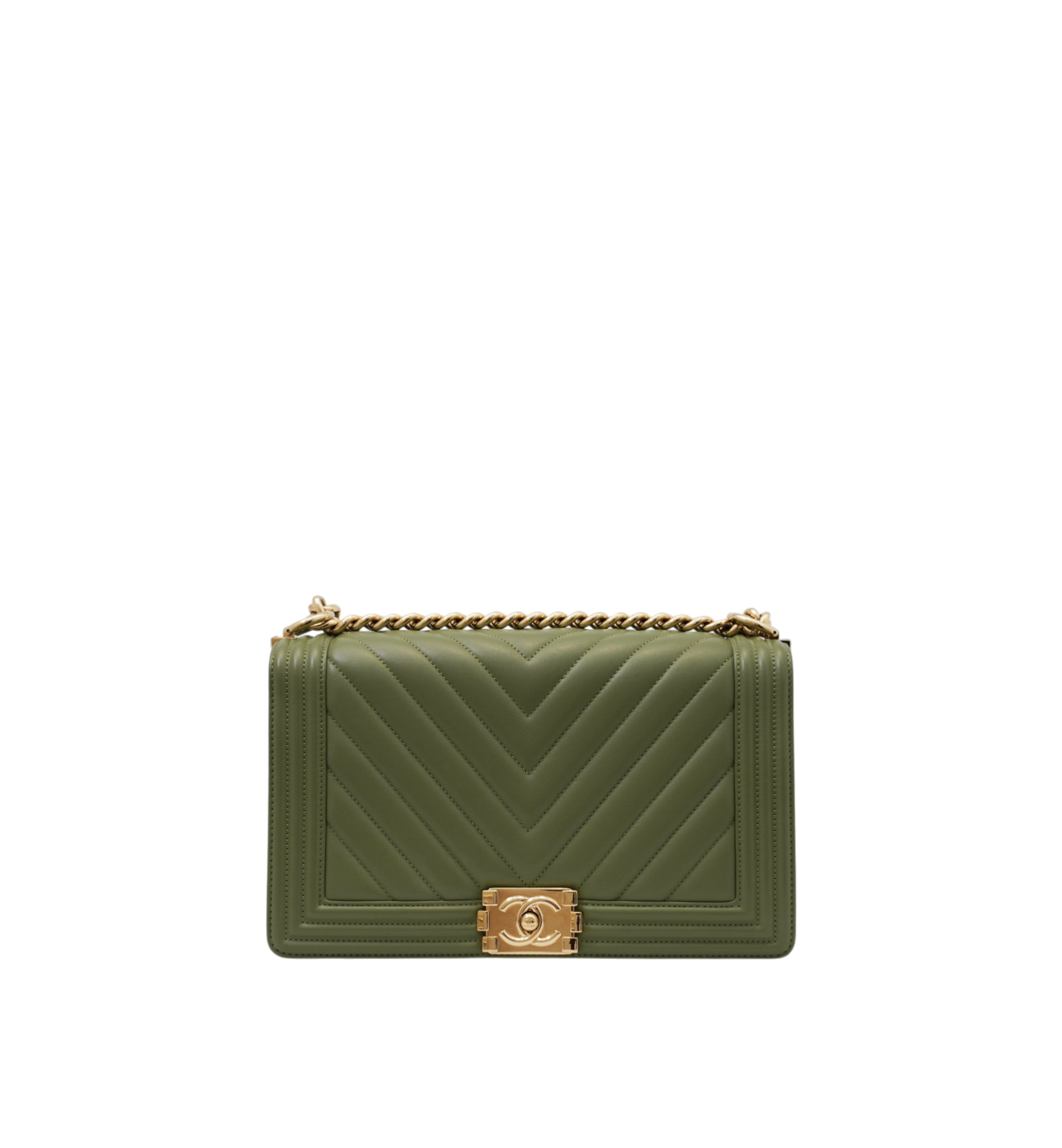 Chanel Caviar Chevron Quilted Medium Boy Flap Green GHW