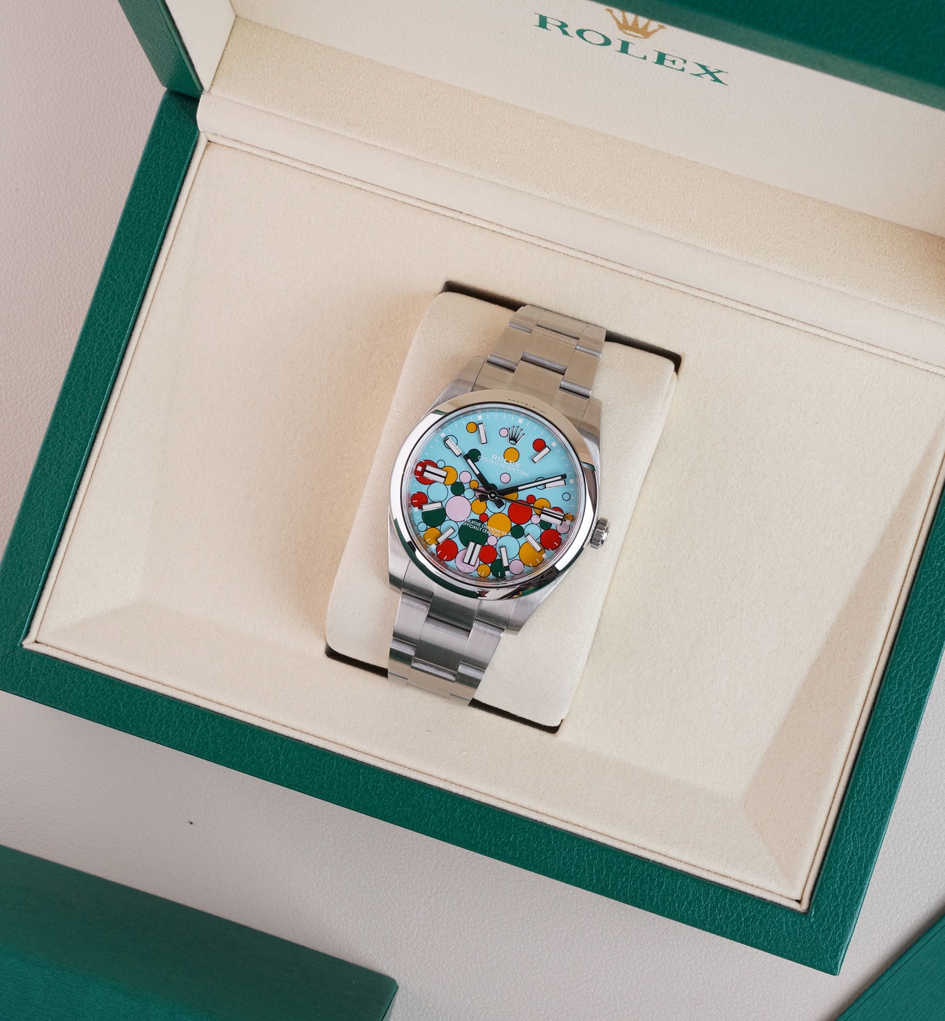 Rolex Oyster Perpetual “Bubbles” 41 Ref. 124300 | Turquoise Blue Celebration Motif Dial
