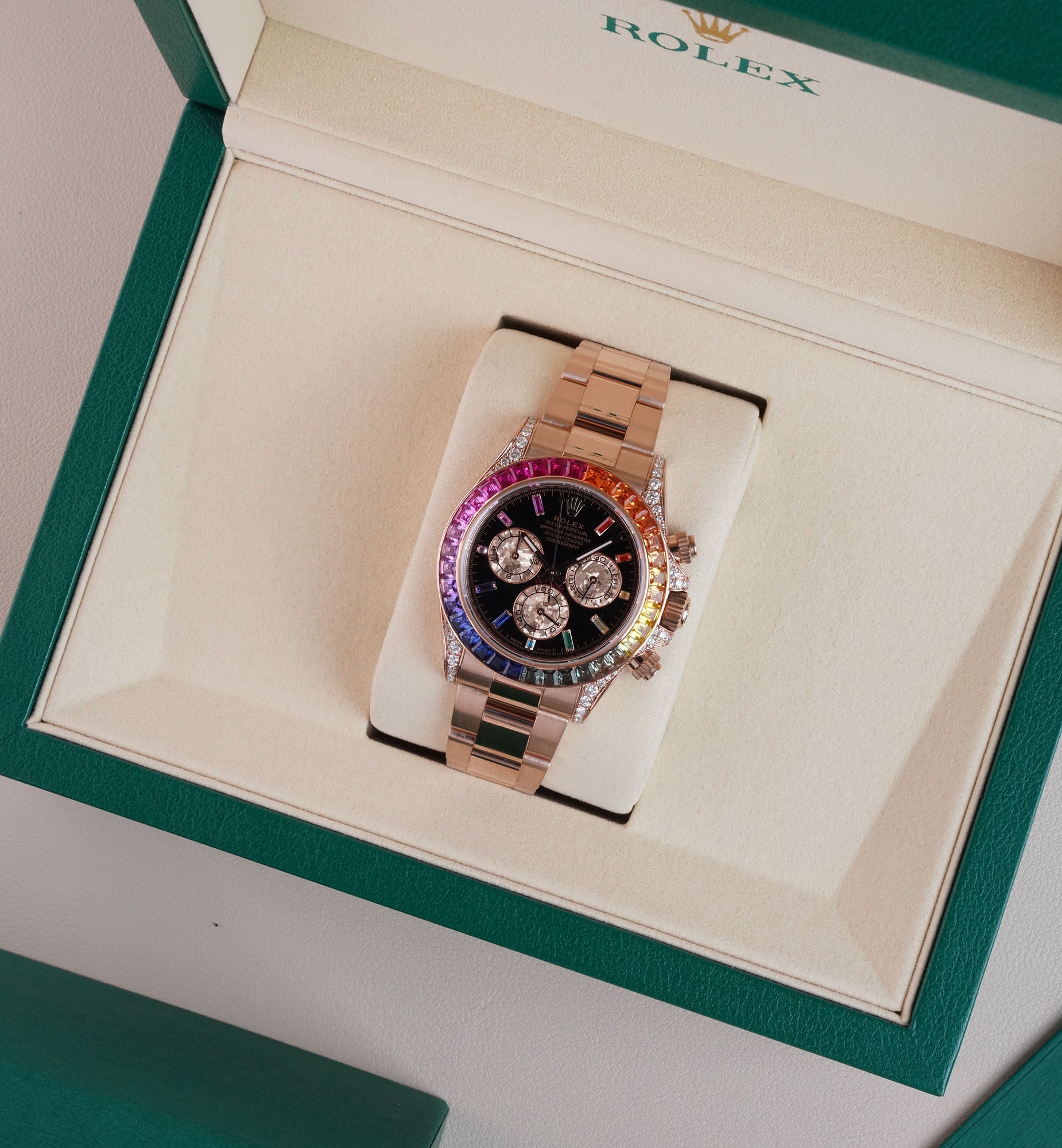 Rolex Daytona 40 Ref. 126595RBOW - 'Rainbow' Rose Gold Black Dial Sapphire Bezel