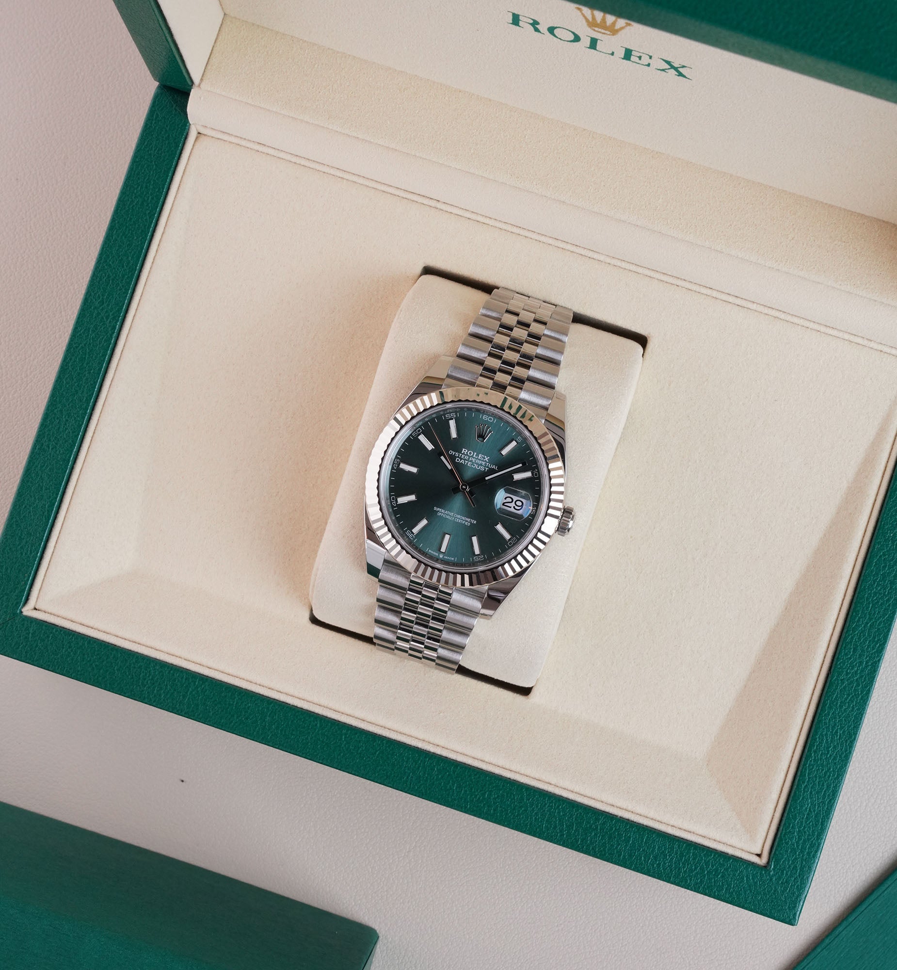 Rolex Datejust 41 Ref. 126334 Mint Green with Fluted Bezel and Jubilee Bracelet