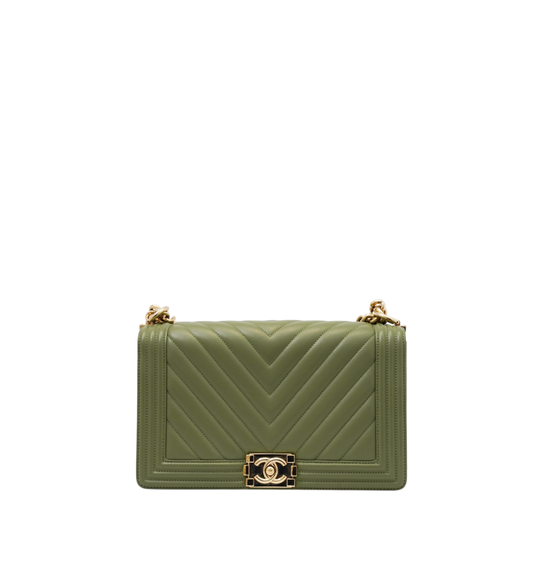 Chanel Caviar Chevron Quilted Medium Boy Flap Green GHW