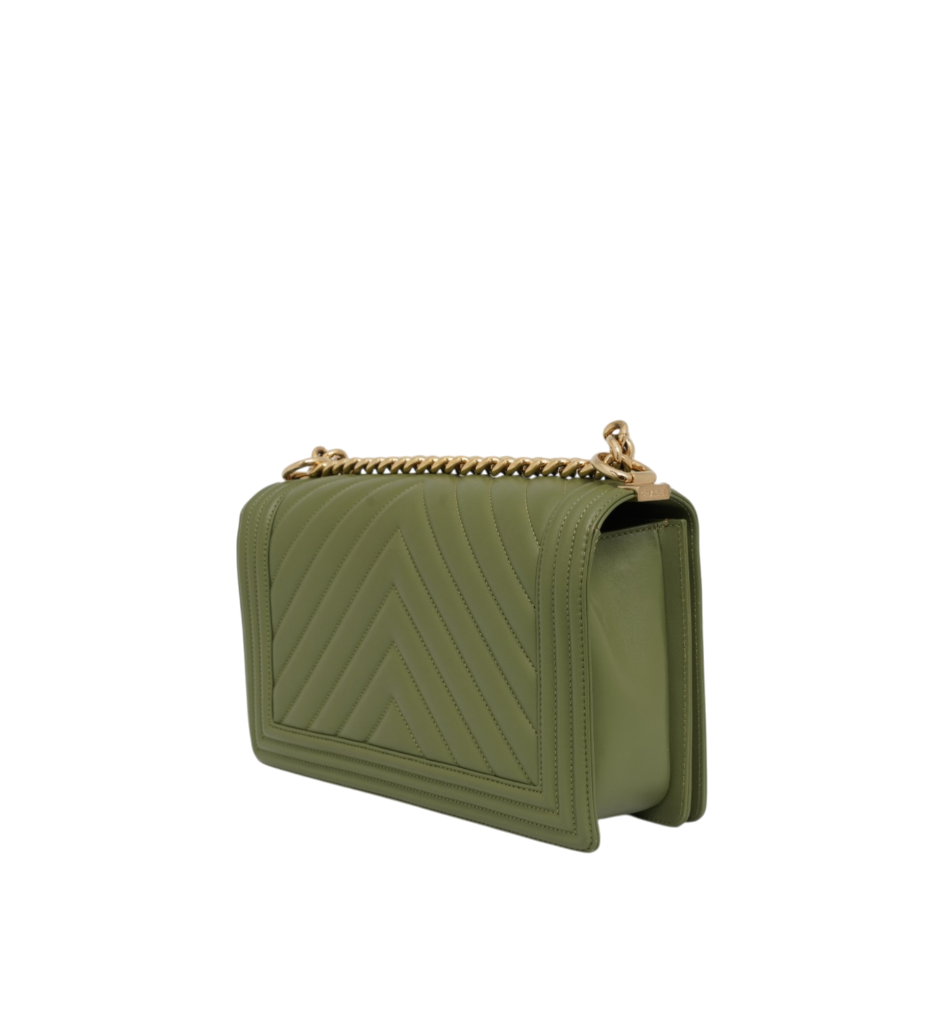 Chanel Caviar Chevron Quilted Medium Boy Flap Green GHW